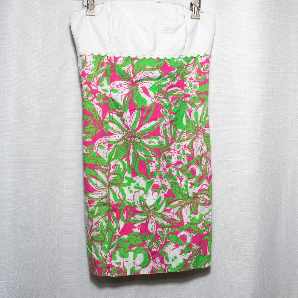 Lilly Pulitzer Franco Strapless Mini Dress 4 Pink Green Floral Ric Rac Preppy